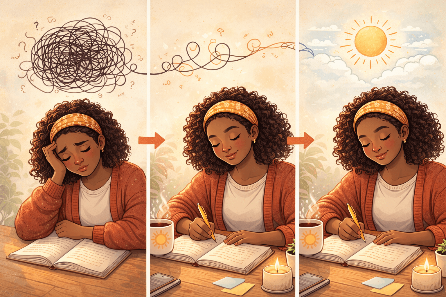 Illustration showing the journey from tangled thoughts to clarity through writing