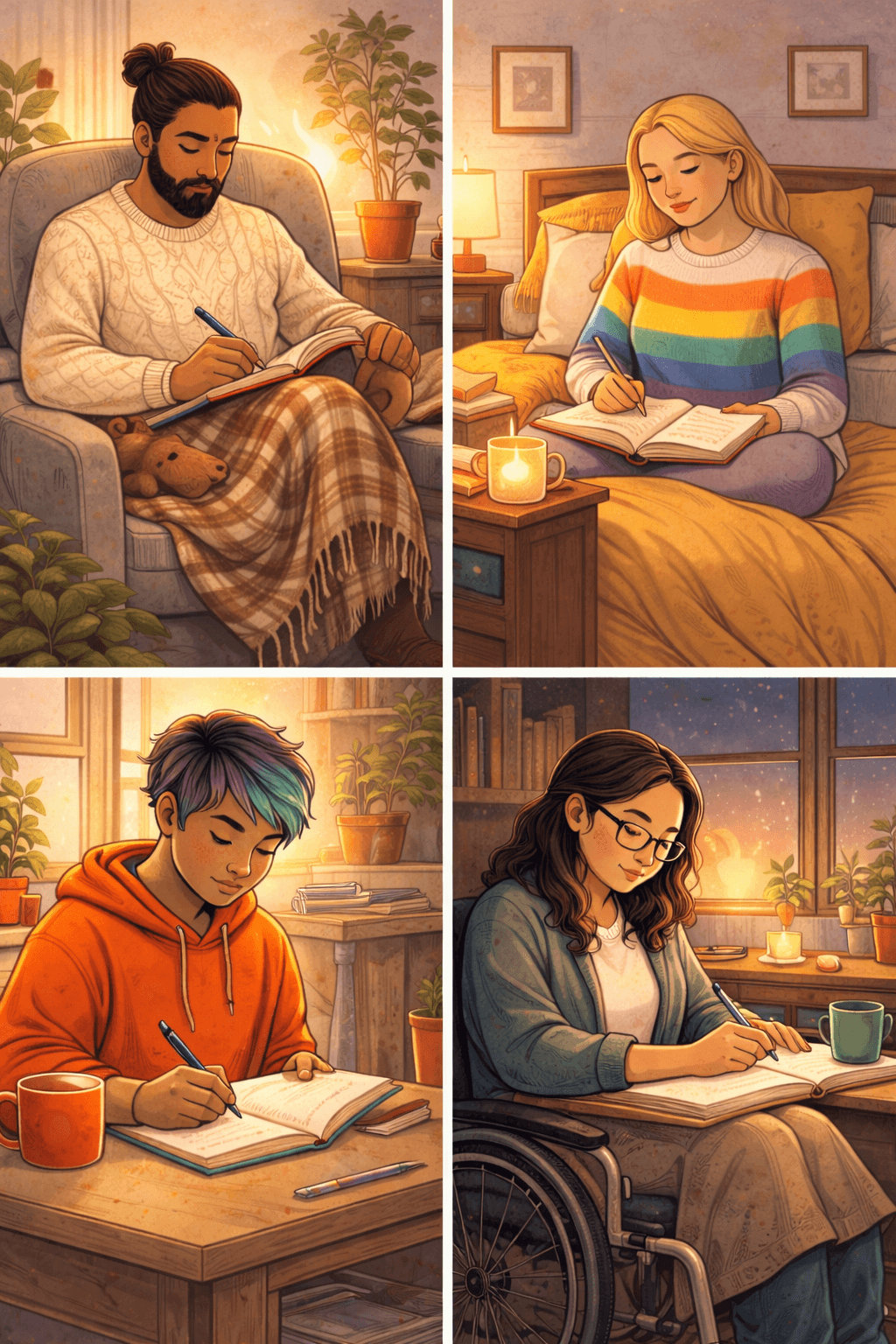 Diverse people writing in different cozy settings