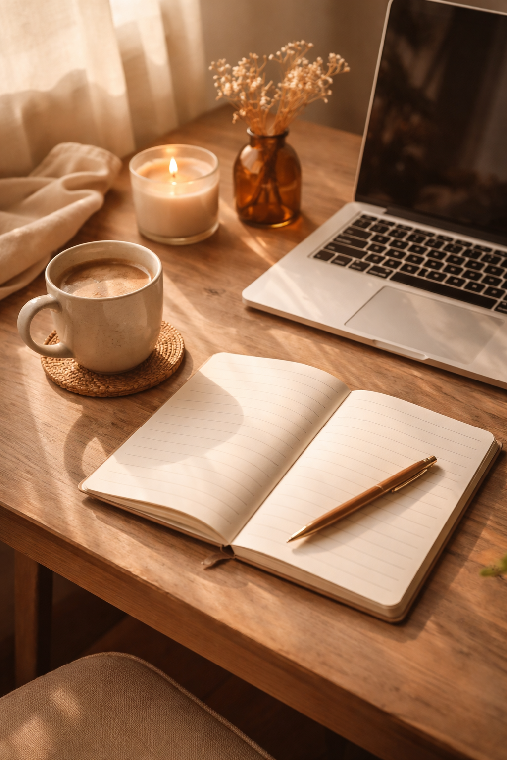 A cozy desk with a laptop, notebook, and coffee -the kind of simple setup that makes daily writing feel doable