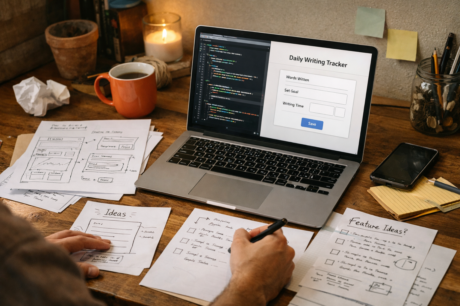 A founder building something real - laptop with code and a simple app interface, surrounded by handwritten notes and sketches on a home office desk
