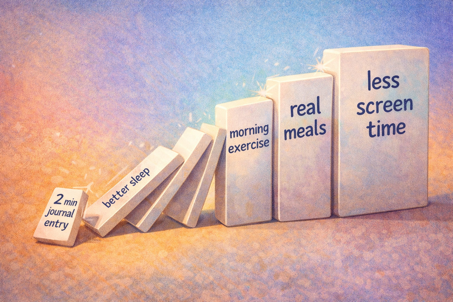 Dominoes falling in a chain reaction, with the first small domino representing a two-minute journal entry triggering bigger habits like better sleep, exercise, and less screen time