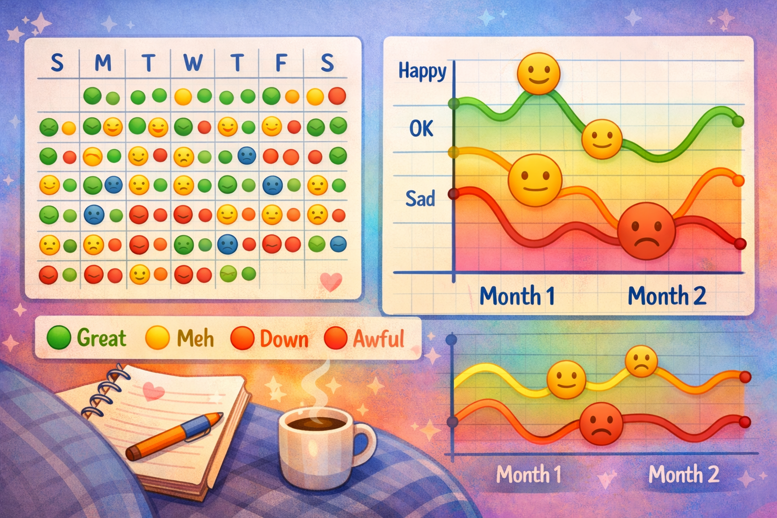 A colorful mood chart with emoji faces showing ups and downs over two months - the kind of pattern you only see when you actually track it