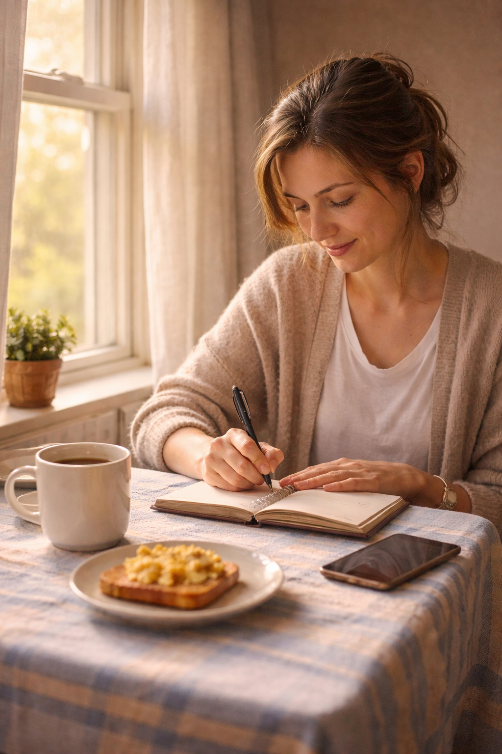 A person sitting at a small table by a window writing in a journal on an ordinary morning - real and approachable, not staged or aspirational